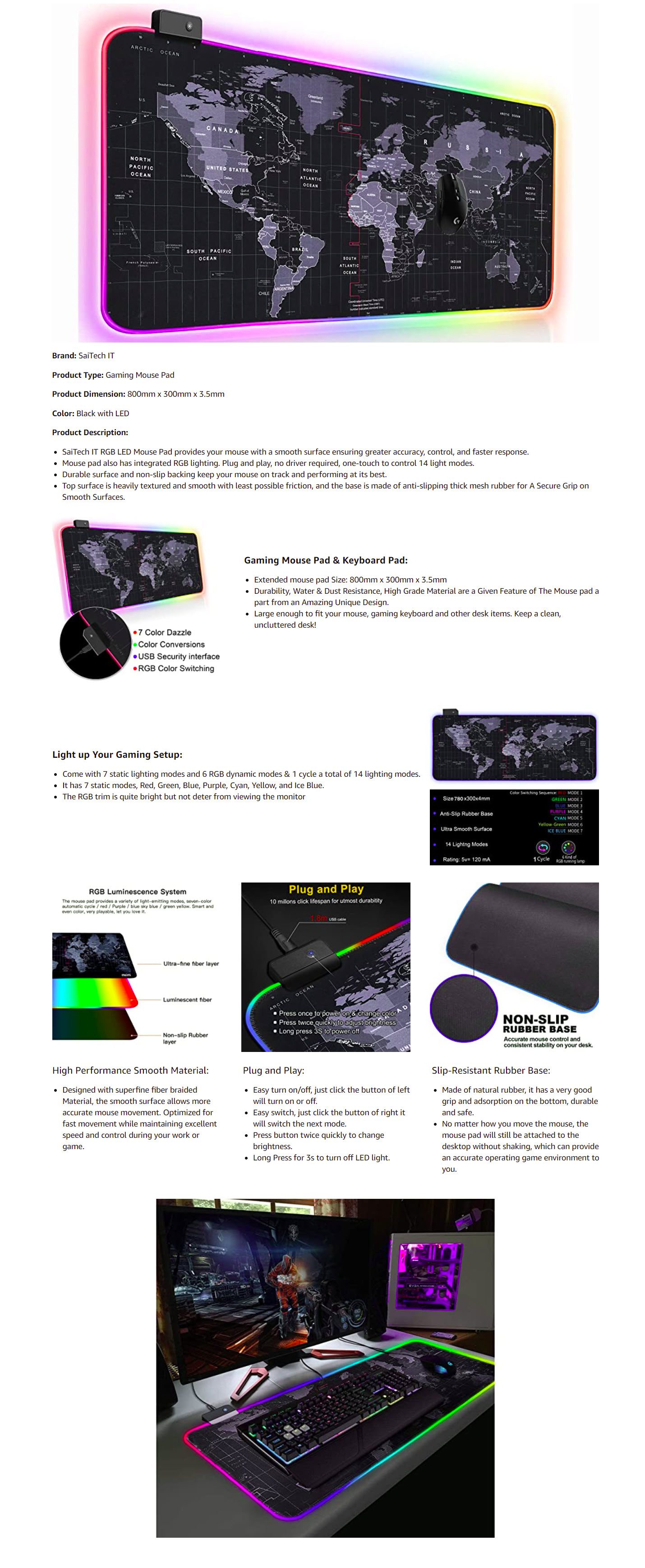RGB Gaming Mouse Mat Pad - Large Extended Led Mousepad with 14 Lighting  Modes 2 Brightness, Anti-Slip Rubber Base with Waterproof Coating Mouse Mat