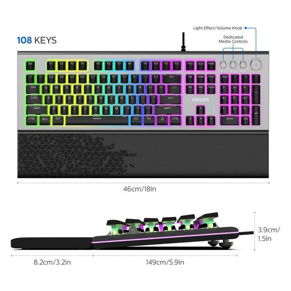 Philips SPK8624 USB Wired Mechanical Gaming Keyboard with Rainbow Backlit Wrist Rest Pad for PC Laptop Desktop Price in Pakistan 04