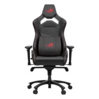 Asus ROG Chariot X Core SL301C Gaming Chair in racing-car style, featuring an adjustable high-density foam headrest, memory-foam lumbar support, 4D armrests, tilt mechanism, durable class 4 gas lift, and durable premium PU leather for a premium gaming experience