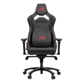 Asus ROG Chariot X Core SL301C Gaming Chair in racing-car style, featuring an adjustable high-density foam headrest, memory-foam lumbar support, 4D armrests, tilt mechanism, durable class 4 gas lift, and durable premium PU leather for a premium gaming experience