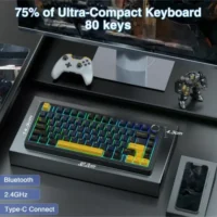 AULA F75 Pro Wireless Mechanical Keyboard,75% Gasket Hot Swappable Custom Keyboard – Thunder Black – Crescent Axis Switch 3