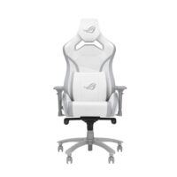 Asus ROG Chariot X Core SL301C Gaming Chair in racing-car style, featuring an adjustable high-density foam headrest, memory-foam lumbar support, 4D armrests, tilt mechanism, durable class 4 gas lift, and durable premium PU leather for a Premium Gaming Experience White