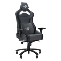 Asus ROG Chariot X Core SL301C Gaming Chair in racing-car style, featuring an adjustable high-density foam headrest, memory-foam lumbar support, 4D armrests, tilt mechanism, durable class 4 gas lift, and durable premium PU leather for a Premium Gaming Experience White Gray - Image 2