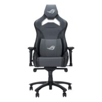 Asus ROG Chariot X Core SL301C Gaming Chair in racing-car style, featuring an adjustable high-density foam headrest, memory-foam lumbar support, 4D armrests, tilt mechanism, durable class 4 gas lift, and durable premium PU leather for a Premium Gaming Experience White Gray