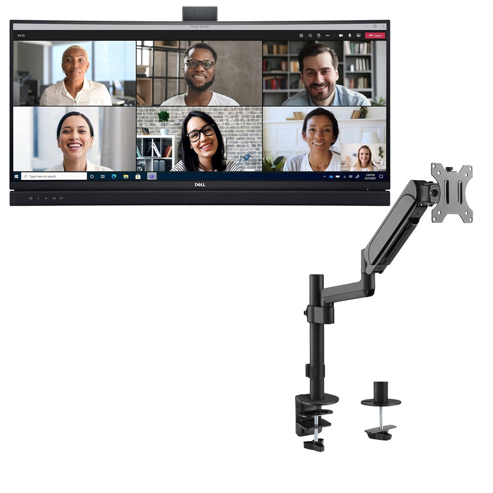 Dell-C3422WE Dell C3422WE 34.14" 60Hz 21:9 Curved WQHD Video Conferencing IPS Monitor (Used) With MXG PMA-12 Single Monitor Pole-Mounted Spring-Assisted Monitor Arm - Image 1