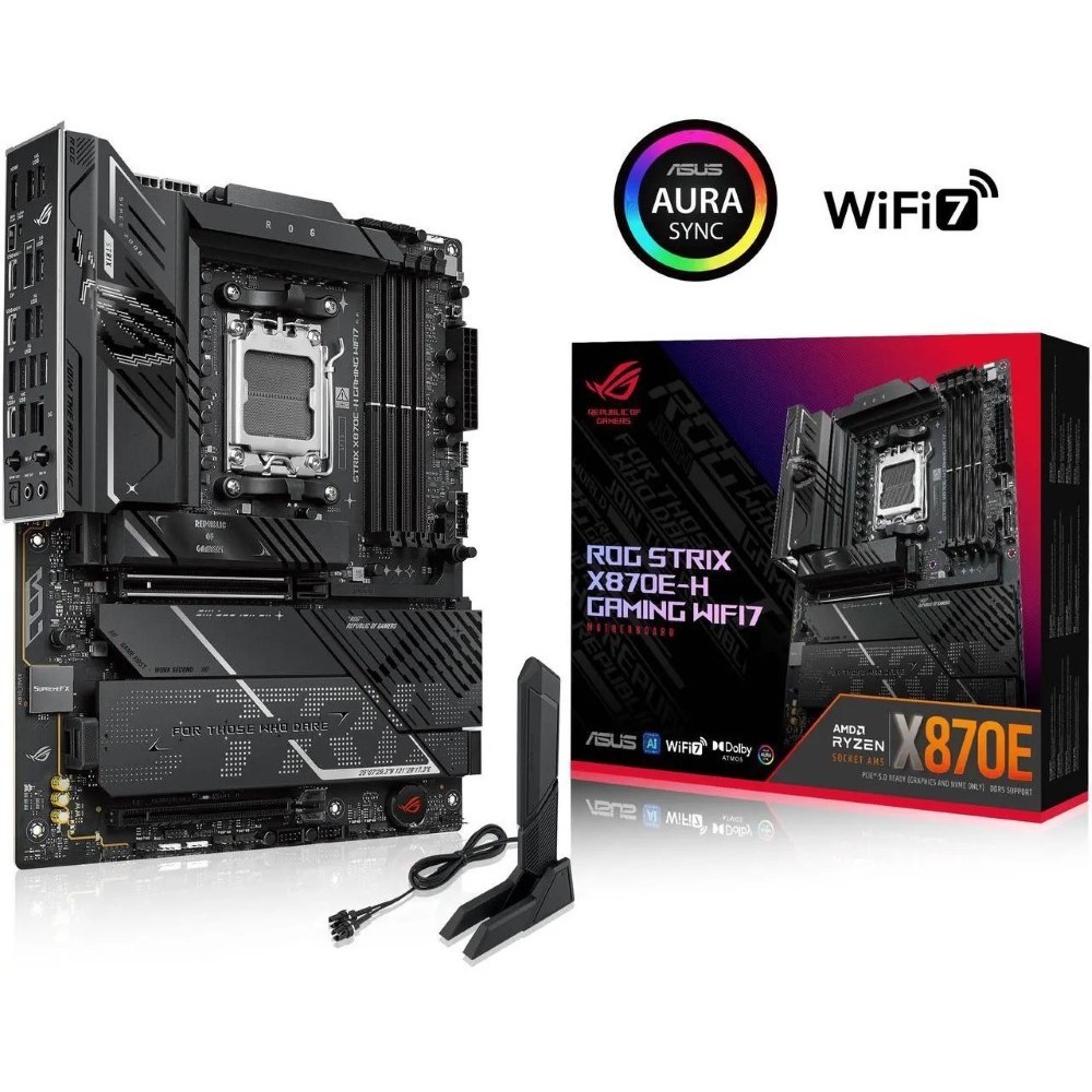 ASUS ROG STRIX X870E-H GAMING WIFI7 AMD X870E-H ATX motherboard with 16+2+1 power stages Dynamic OC Switcher Core Flex DDR5 AEMP WiFi 7 4x M.2 PCIe 5.0 Q-Release dual USB4 ports and USB 10Gbps Type-C