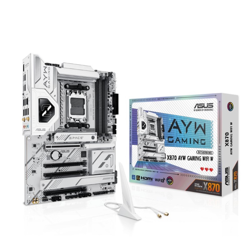 ASUS X870 AYW GAMING WIFI W AMD X870 AM5 ATX motherboard 12+2+1 80A DrMOS power stages DDR5 PCIe 5.0 Ready PCIe 5.0 x16 3x M.2 Wi-Fi 6 2.5Gb LAN HDMI USB4 USB 20Gbps Type-C Aura Sync