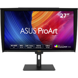 Asus ProArt Display PA27UCGE Professional Monitor – 27-inch 4K (3840 x 2160) IPS 600 nits 98% DCI-P3 Delta E<1 color accuracy 160Hz Built-in Motorized Colorimeter Self / Auto Calibration Hardware Calibration HDR-10 HLG Auto KVM LuxPixel AGLR Light Sync USB-C PD 96W ergonomic stand Calman Ready ColourSpace Integration eco-friendly and sustainable design