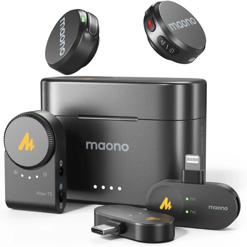 Maono Wave T5 PA3 Wireless Lavalier Microphone for iPhone/Android/Camera/PC Mini Lapel Mic with 48khz 24bit Voice Filter Noise Cancellation 30h Battery USB-C/Lightning Plug for Video Recording Black