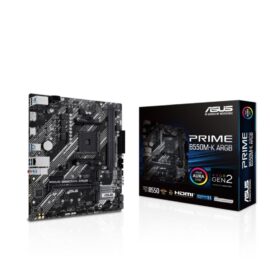 ASUS PRIME B550M-K ARGB AMD B550 (Ryzen AM4) mATX Motherboard with dual M.2 slots PCIe 4.0 Realtek 1Gb Ethernet DisplayPort/HDMI SATA 6 Gbps rear USB 3.2 Gen 1 ports front USB 3.2 Gen 1 Type-C and Aura Sync
