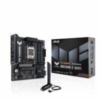 ASUS TUF GAMING B850M-E WIFI AMD B850 mATX motherboard 8+2+1 80A DrMOS power stages DDR5 PCIe 5.0 three M.2 slots WiFi 6E 2.5Gb Ethernet DisplayPort HDMI rear USB-C 10Gbps and front USB-C 5Gbps