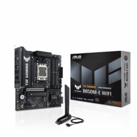 ASUS TUF GAMING B850M-E WIFI AMD B850 mATX motherboard 8+2+1 80A DrMOS power stages DDR5 PCIe 5.0 three M.2 slots WiFi 6E 2.5Gb Ethernet DisplayPort HDMI rear USB-C 10Gbps and front USB-C 5Gbps