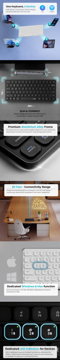 Rapoo E9050L Bluetooth Wireless Multi-Device Keyboard (4 Devices) Rechargeable Led Indicators Ultra-Thin Ergonomic Compatible with Windows iOS Android Tab Smartphones - Dark Grey - Image 8