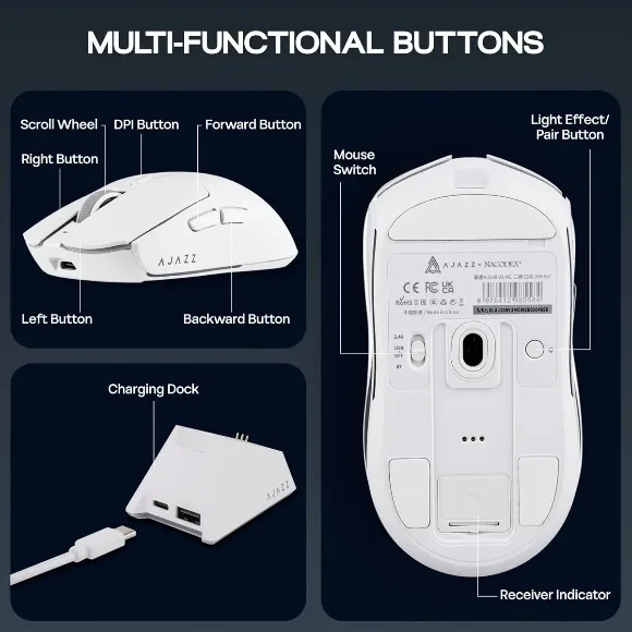 AJAZZ AJ139 V2 MC Tri-Mode Wireless Gaming Mouse White – PAW3311 Sensor, 12,000 DPI, 1000Hz Polling Rate, 66g, RGB Magnetic Charging Dock thumbnail 2