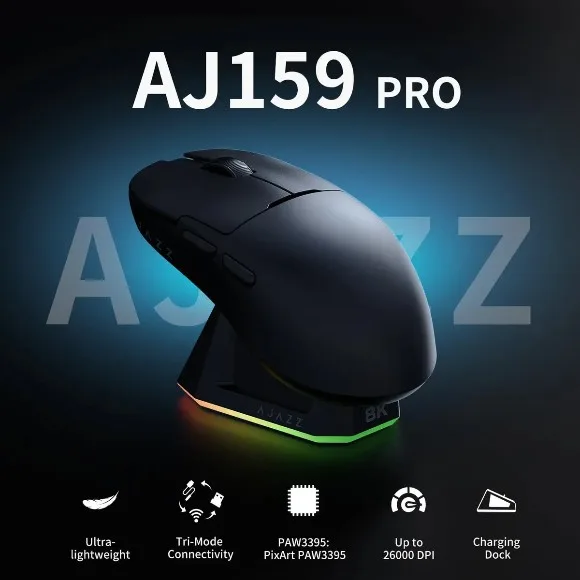 AJAZZ AJ159 PRO Wireless Gaming Mouse Black – PAW3395 Sensor, 26,000 DPI, 8K Polling Rate, Tri-Mode Connectivity, 56g Lightweight with Magnetic Charging Dock thumbnail 2
