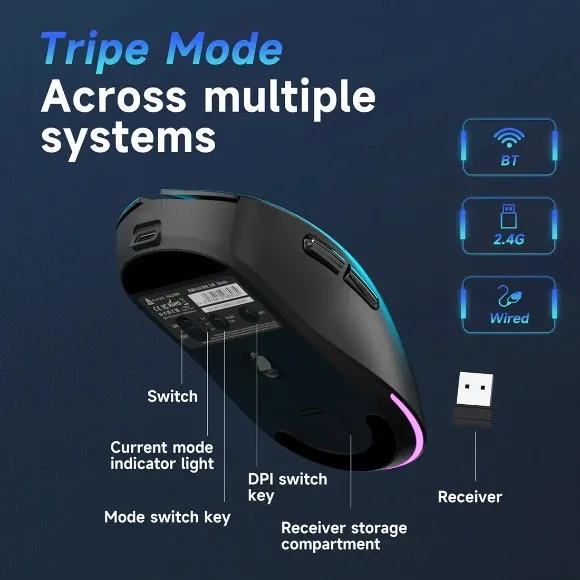 AJAZZ NJ08 MC Tri-Mode Wireless Gaming Mouse Black – PixArt PAW3311 Sensor, 12,000 DPI, 1000Hz Polling Rate, RGB, Type-C Charging thumbnail 2