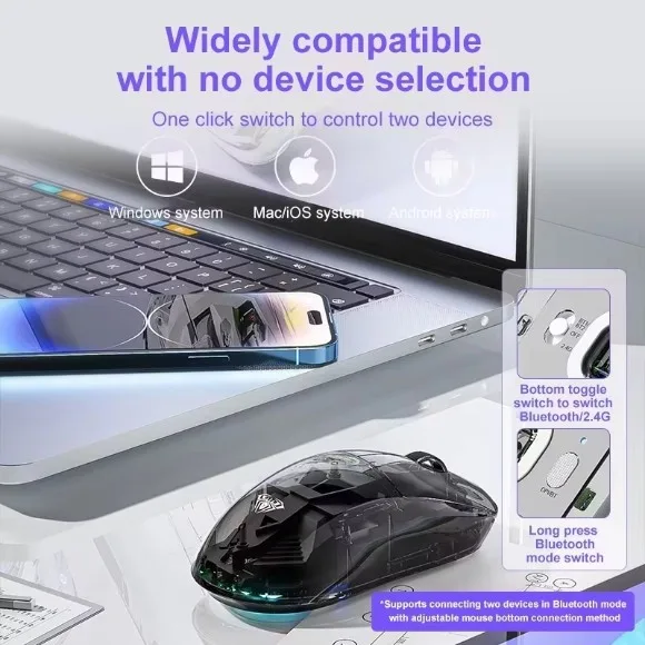 AULA SC660 Tri-Mode Wireless Gaming Mouse – Bluetooth, 2.4GHz Wireless & USB-C Wired, Adjustable DPI, RGB Lighting, Rechargeable Battery, Transparent Design - Black thumbnail 3