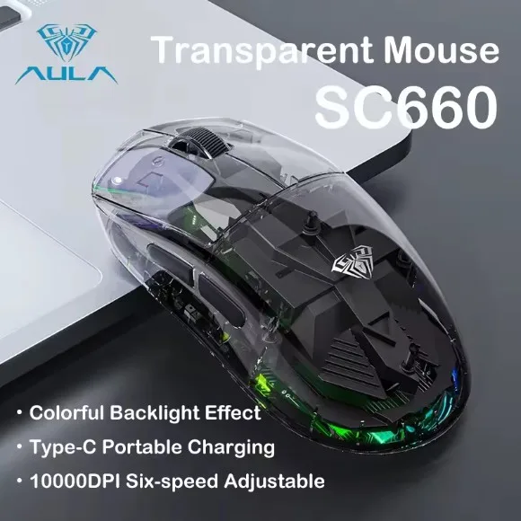 AULA SC660 Tri-Mode Wireless Gaming Mouse – Bluetooth, 2.4GHz Wireless & USB-C Wired, Adjustable DPI, RGB Lighting, Rechargeable Battery, Transparent Design - Black thumbnail 2