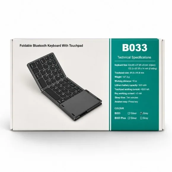 B033 Foldable Bluetooth Keyboard with Touchpad – Portable Wireless Keyboard, Rechargeable 140mAh Battery, Compact Tri-Fold Design, Compatible with Windows, Android & iOS
