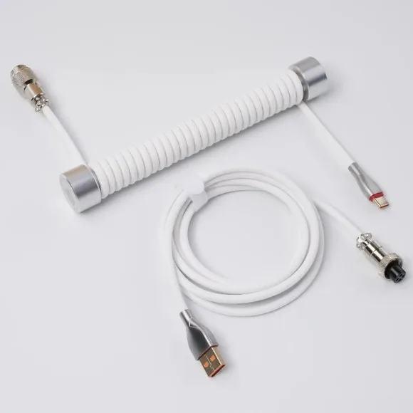 GravaStar Coiled Aviator USB-C Cable – White Detachable 4-Pin Aviation Connector, Braided Mechanical Gaming Keyboard Cable, 1.8m