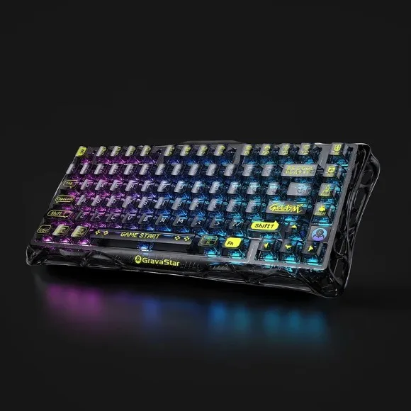 GravaStar Mercury K1 Lite Mechanical Gaming Keyboard – Transparent Black, 75% Layout, 80 Keys, RGB Backlit, Tri-Mode Wireless, Hot-Swappable Switches