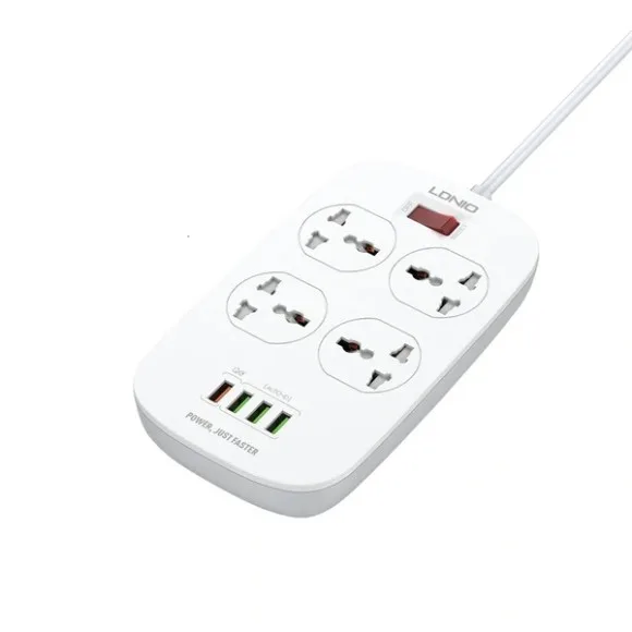 LDNIO SC4407 Power Strip – 4 Universal AC Sockets, 4 USB Ports, QC 3.0 Fast Charging, 2500W, 2 Meter Cable