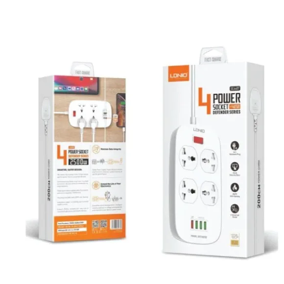 LDNIO SC4407 Power Strip – 4 Universal AC Sockets, 4 USB Ports, QC 3.0 Fast Charging, 2500W, 2 Meter Cable thumbnail 2
