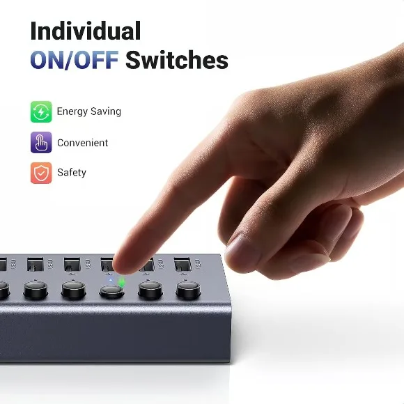 UGREEN 30778 7-Port USB 3.0 Hub with 4 Smart Charging Ports – 5Gbps Data Transfer, Individual On/Off Switches, LED Indicators, 12V/2A Power Adapter thumbnail 6