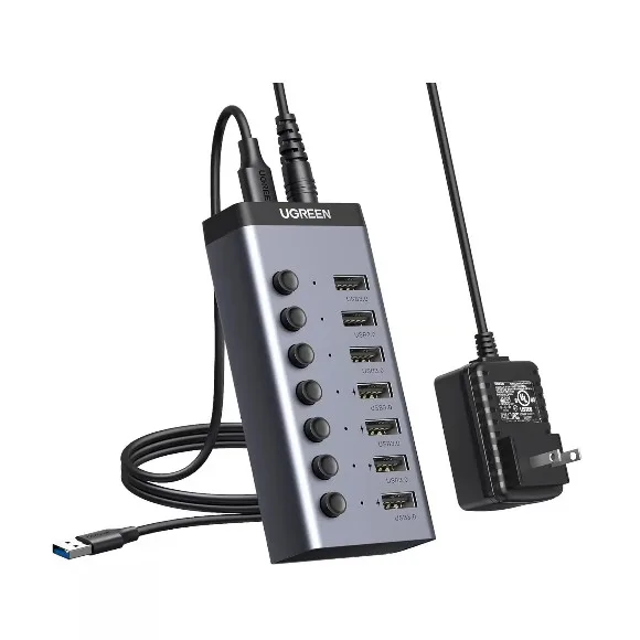 UGREEN 30778 7-Port USB 3.0 Hub with 4 Smart Charging Ports – 5Gbps Data Transfer, Individual On/Off Switches, LED Indicators, 12V/2A Power Adapter