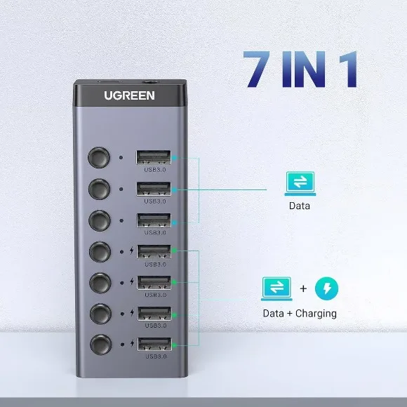 UGREEN 30778 7-Port USB 3.0 Hub with 4 Smart Charging Ports – 5Gbps Data Transfer, Individual On/Off Switches, LED Indicators, 12V/2A Power Adapter thumbnail 3