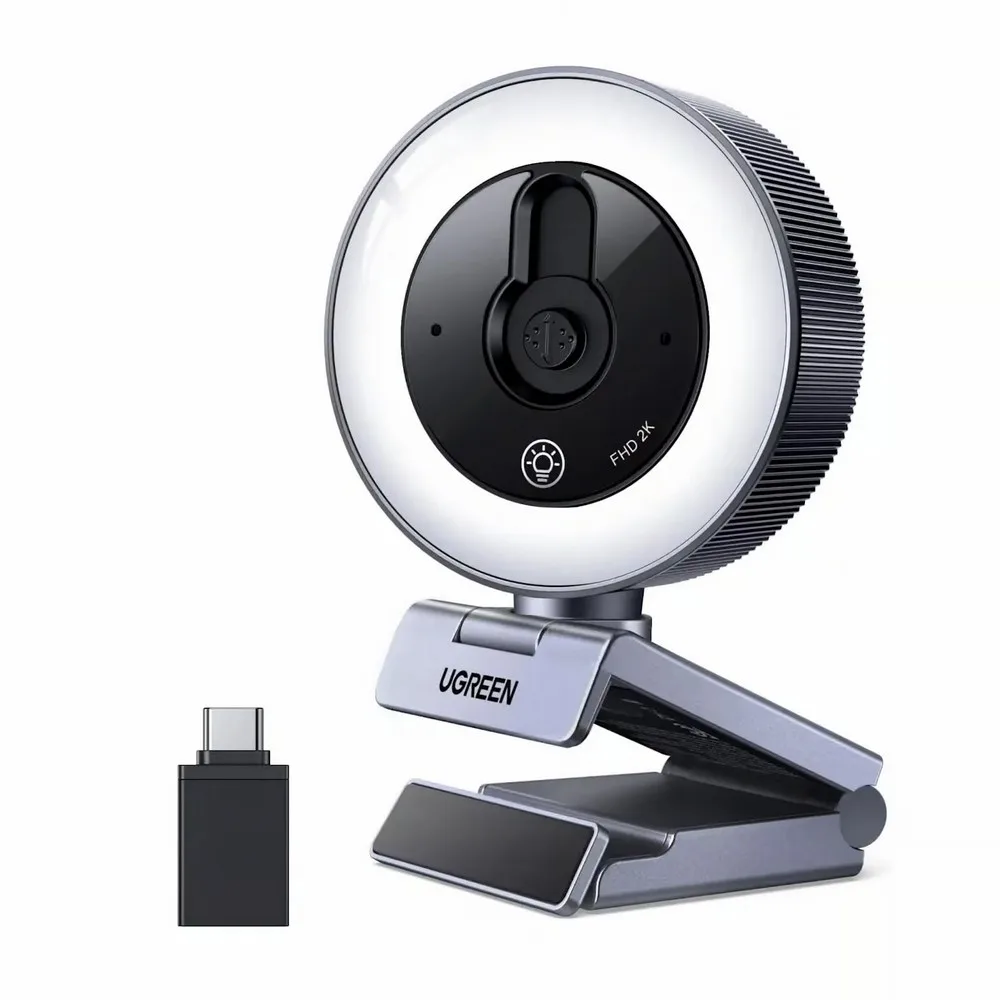 UGREEN 65857 2K Webcam with 4-Level Ring Light, Dual Noise-Reducing Microphones & Privacy Cover – USB Camera for PC, Laptop & Streaming