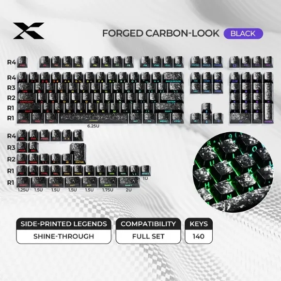 XVX Forged Carbon-Look Keycap Set – 119-Key Cherry Profile PC Keycaps, Side-Printed Legends, Carbon-Fiber-Inspired Design for Mechanical Gaming Keyboards
